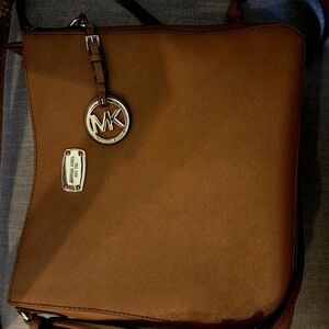 Michael Kors Tan Leather Messenger Crossbody with MK Charm GUC